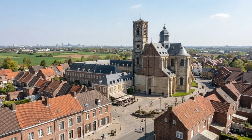 Vue aérienne de la place du village et de l'Abbaye de Grimbergen en Belgique, avec des maisons aux toits rouges et un camion blanc stationné.