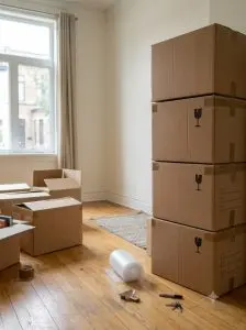 Vue d'angle d'une pièce au parquet en bois avec une fenêtre. Un grand empilement vertical de quatre cartons de déménagement portant le symbole fragile et des listes se trouve à droite. Du papier bulle et des clés sont posés sur le sol. Un amas d'autres cartons de déménagement se trouve à gauche.